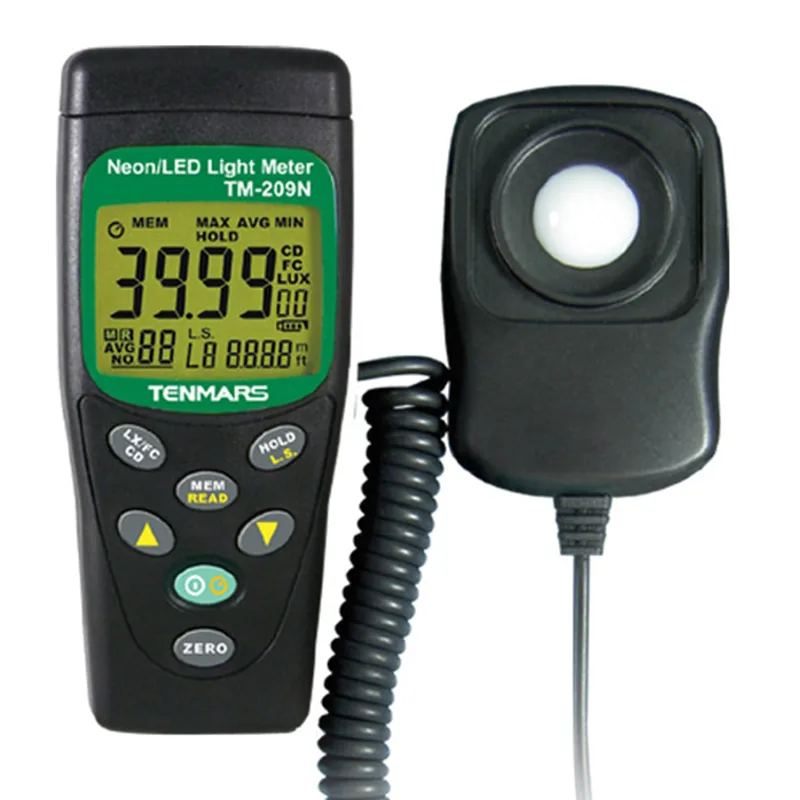 Red handheld light meter with multi-LED display and sensor probe