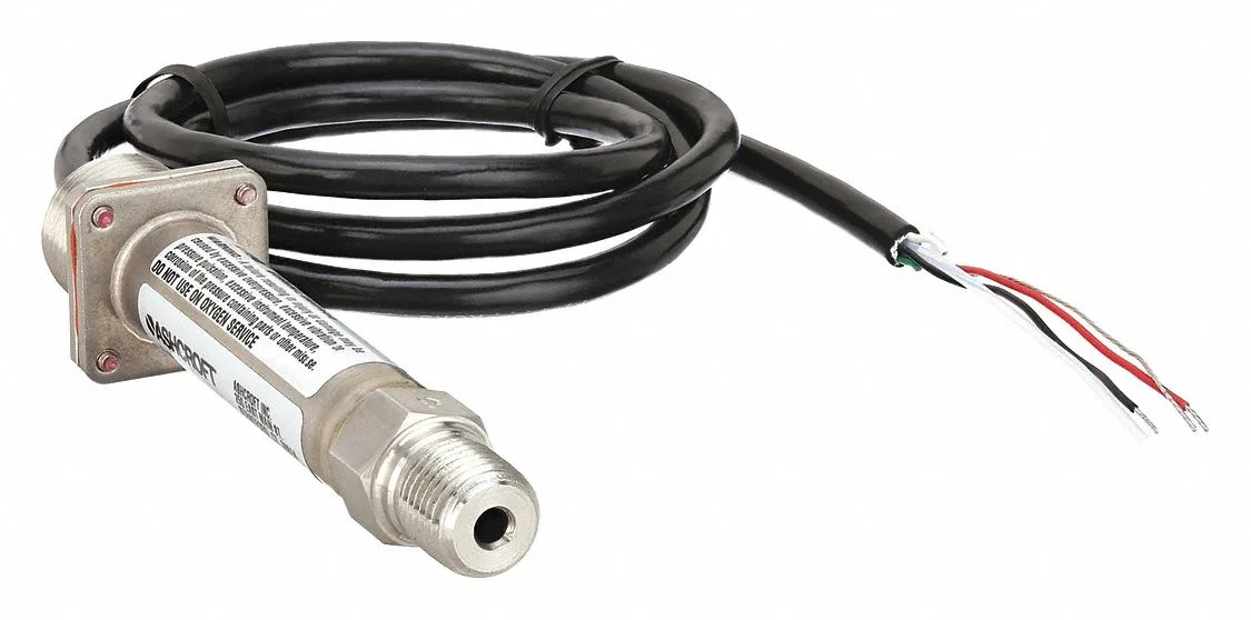 Gray cylindrical pressure transmitter with cable leads and male NPT fitting