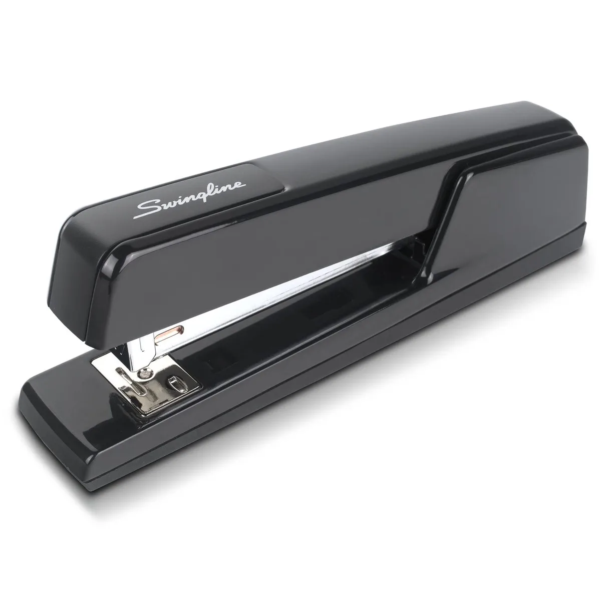 Black metal desktop stapler, rectangular base, curved top, 7.4 inches wide