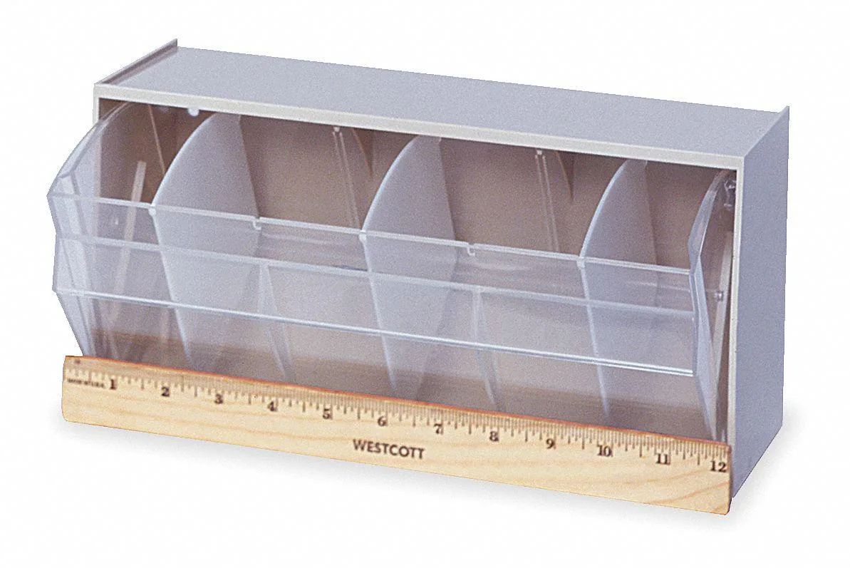 Ivory plastic tip-out bin with clear dividers, freestanding or wall-mountable