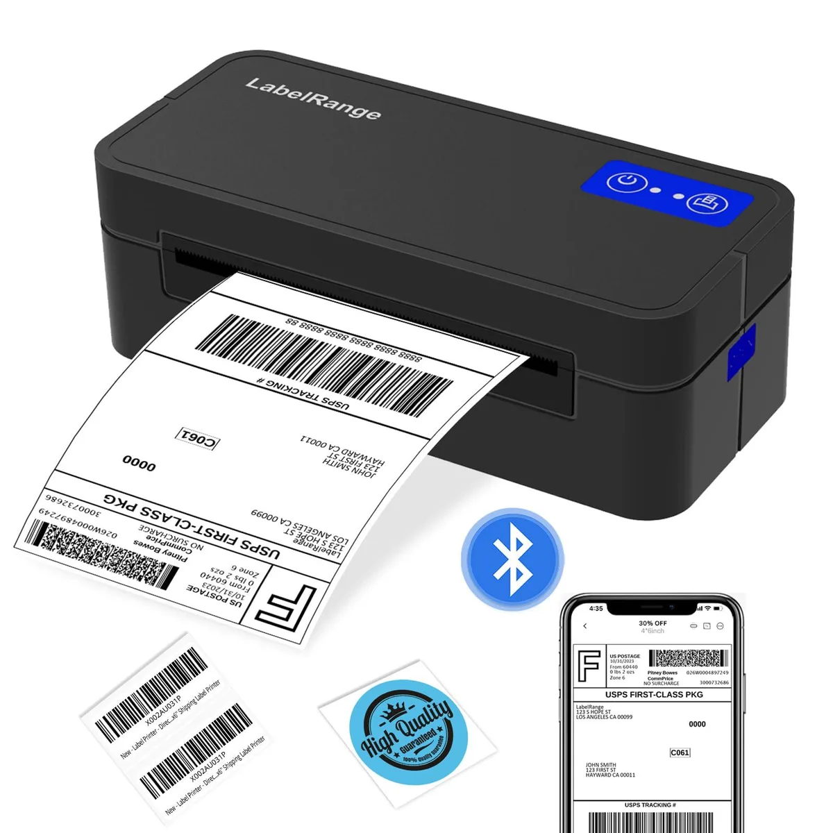 Compact white desktop label printer with rounded edges and a front label slot