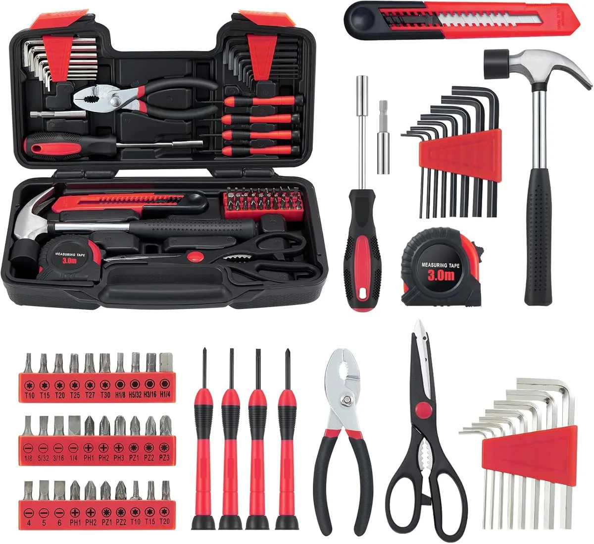 Red 58-piece tool set in plastic case with hammer, pliers, bits, hex keys, tape measure, knife, scissors