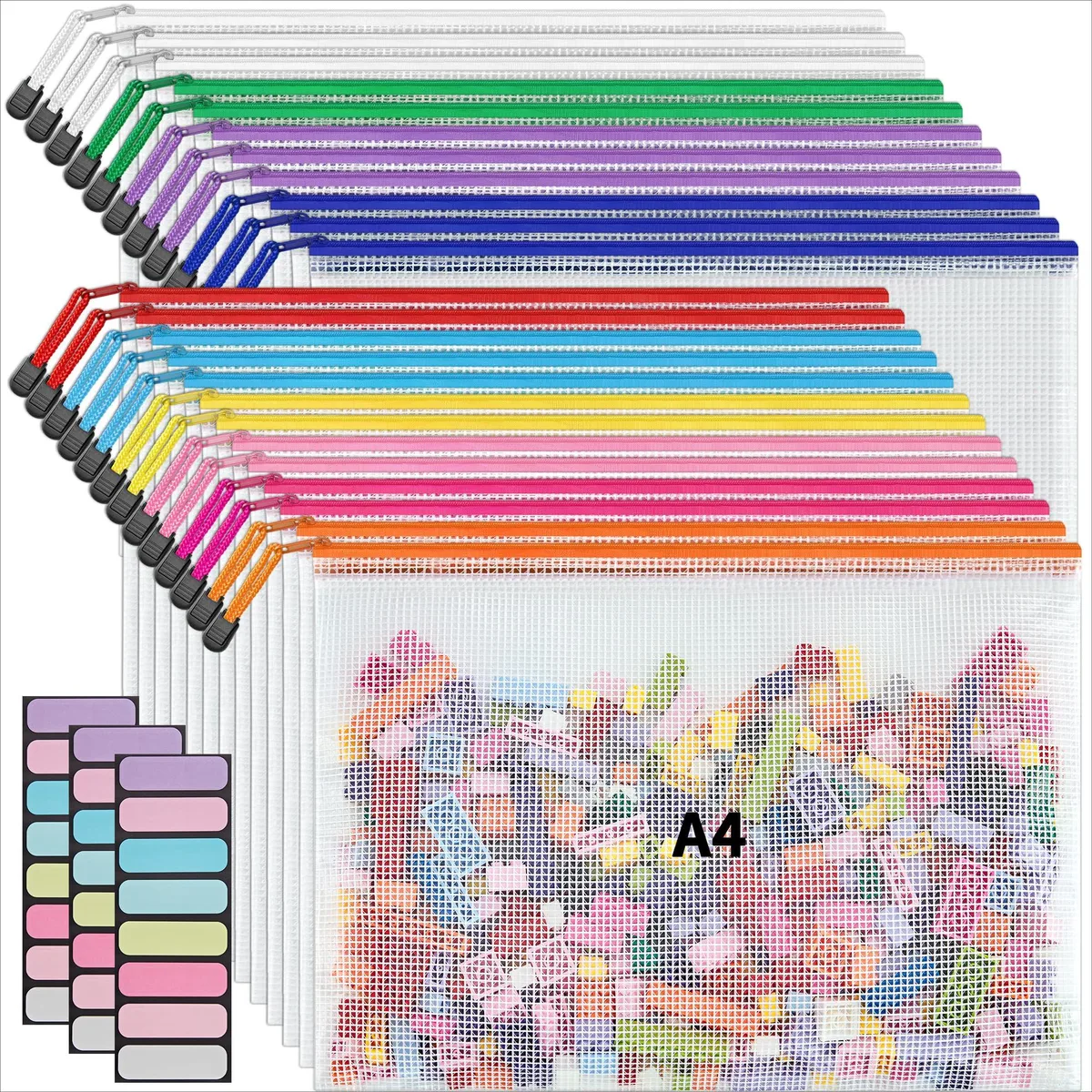 Twenty-four A4 zipper mesh pouches in ten colours, semi-transparent PVC with coloured zipper trim