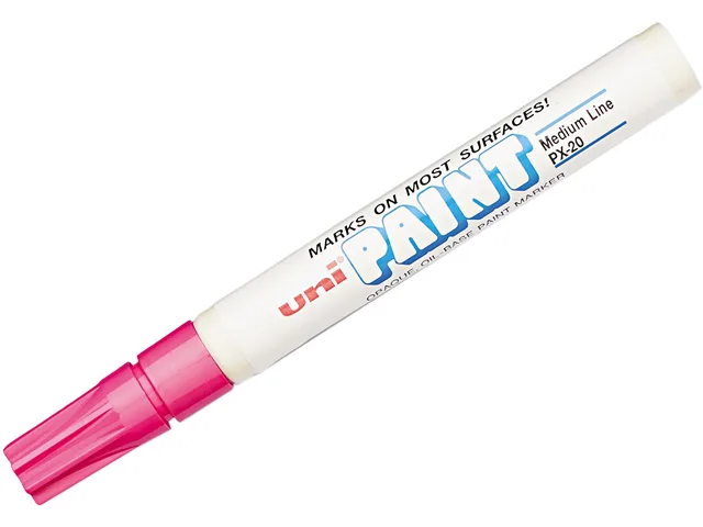 Pink industrial paint marker with metal barrel and medium bullet tip