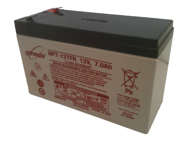 Rectangular sealed lead-acid battery, dark grey plastic case, F1 terminals on top, 5.95 by 2.56 by 3.94 inches, 8.95 lbs