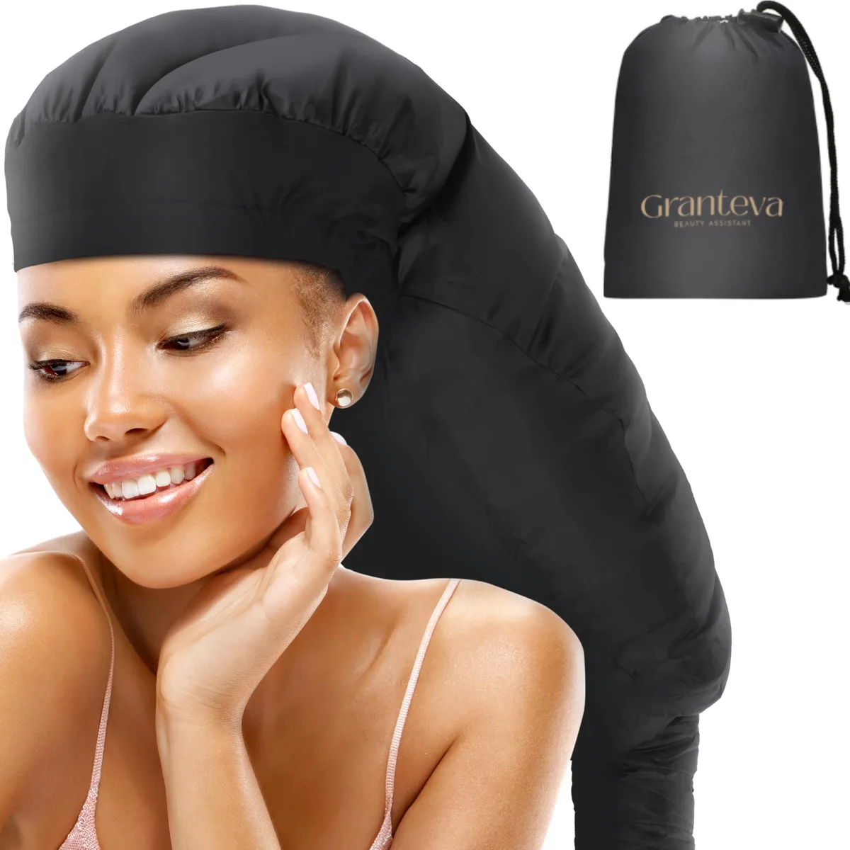 Extra-large black satin bonnet dryer attachment with integrated headband and drawstring
