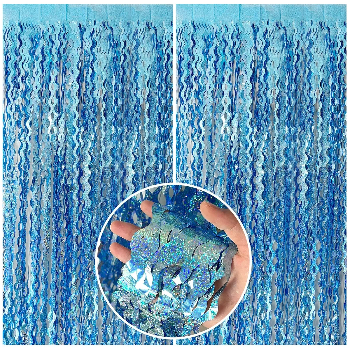 Two light-blue foil fringe curtains, 36 by 72 inches, wavy metallic strips hanging in a pack