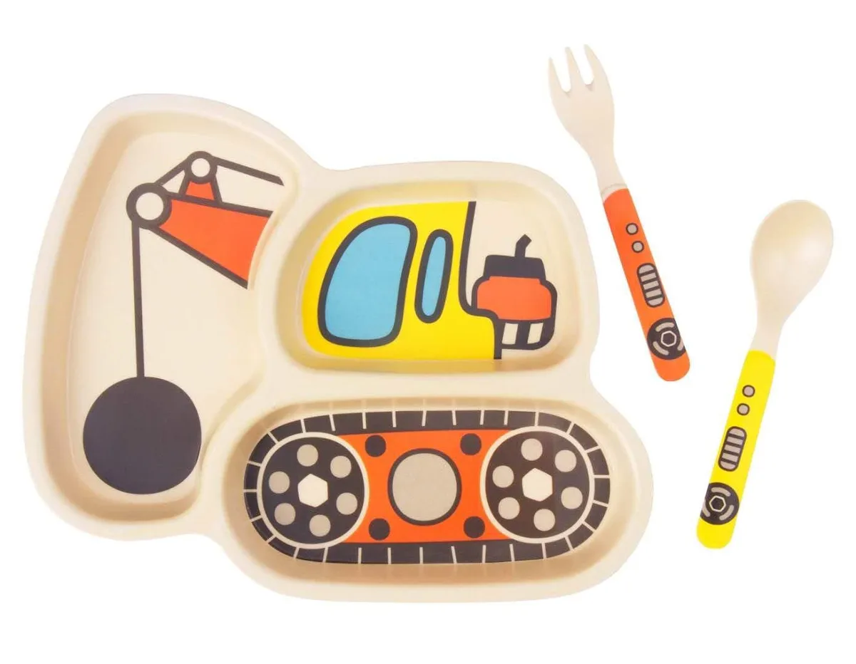 Kid Plate Set Bamboo Toddler Divided Plate Spoon Fork 3-Piece Melamine Silver 7.5x9.4 in — product photo