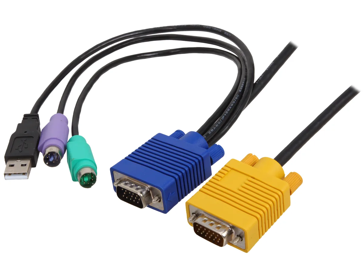Black 10 ft KVM cable with five connectors including HD-15 VGA and USB Type A