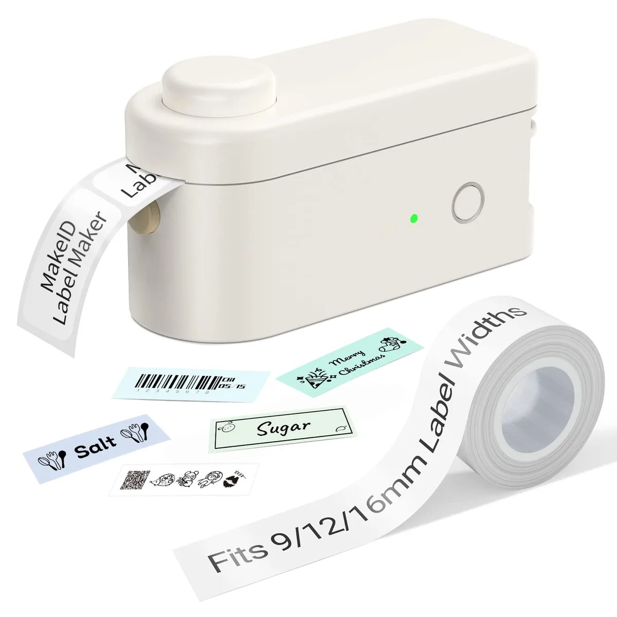 Compact rectangular label printer in light finish with built-in cutter and tape roll visible