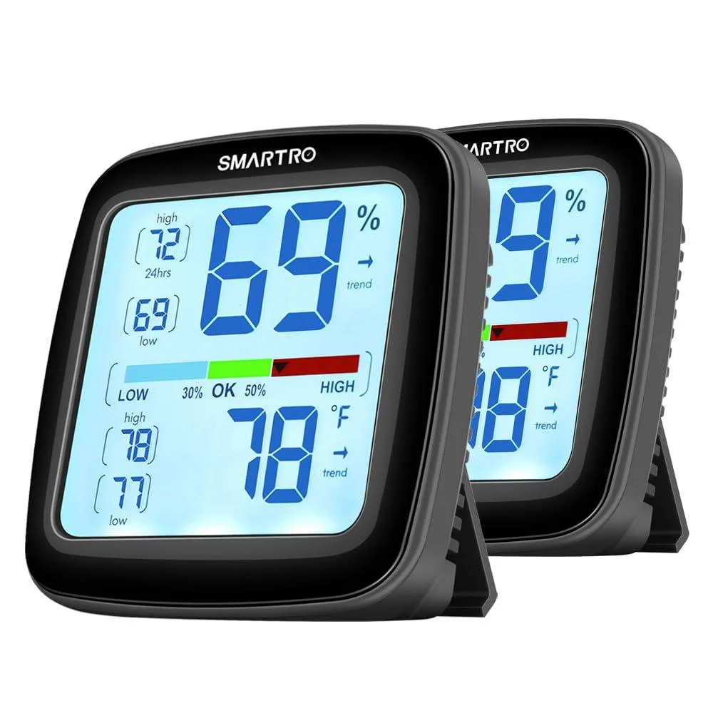 Two black rectangular hygrometers with 3.5-inch LCD screens and magnetic backs