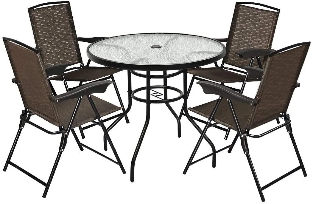 Costway Costway 5-Piece Bistro Patio Set 4 Folding Adjustable Chairs Glass Table With Hole — product photo