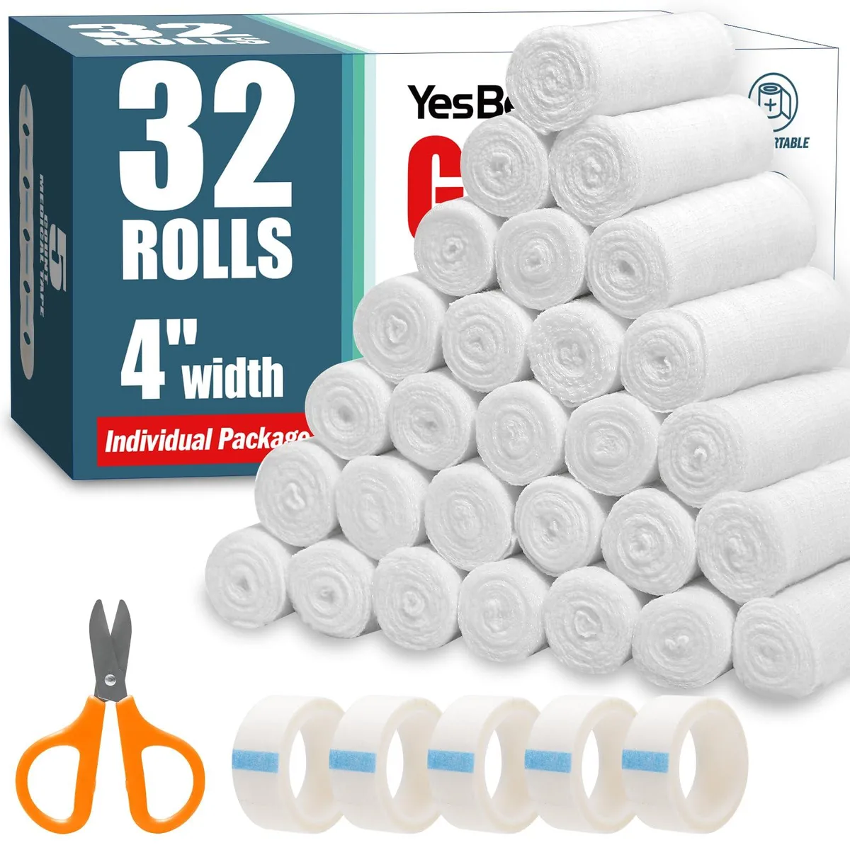 32 individually wrapped white gauze rolls and medical tape on a flat surface