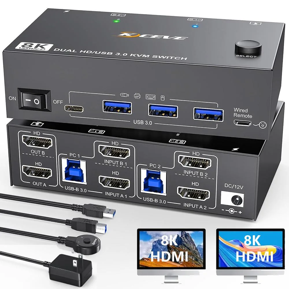 Hitoor Hitoor 8K@60Hz HDMI KVM Switch 2 PC 2 Monitors Dual Monitor USB 3.0 — product photo