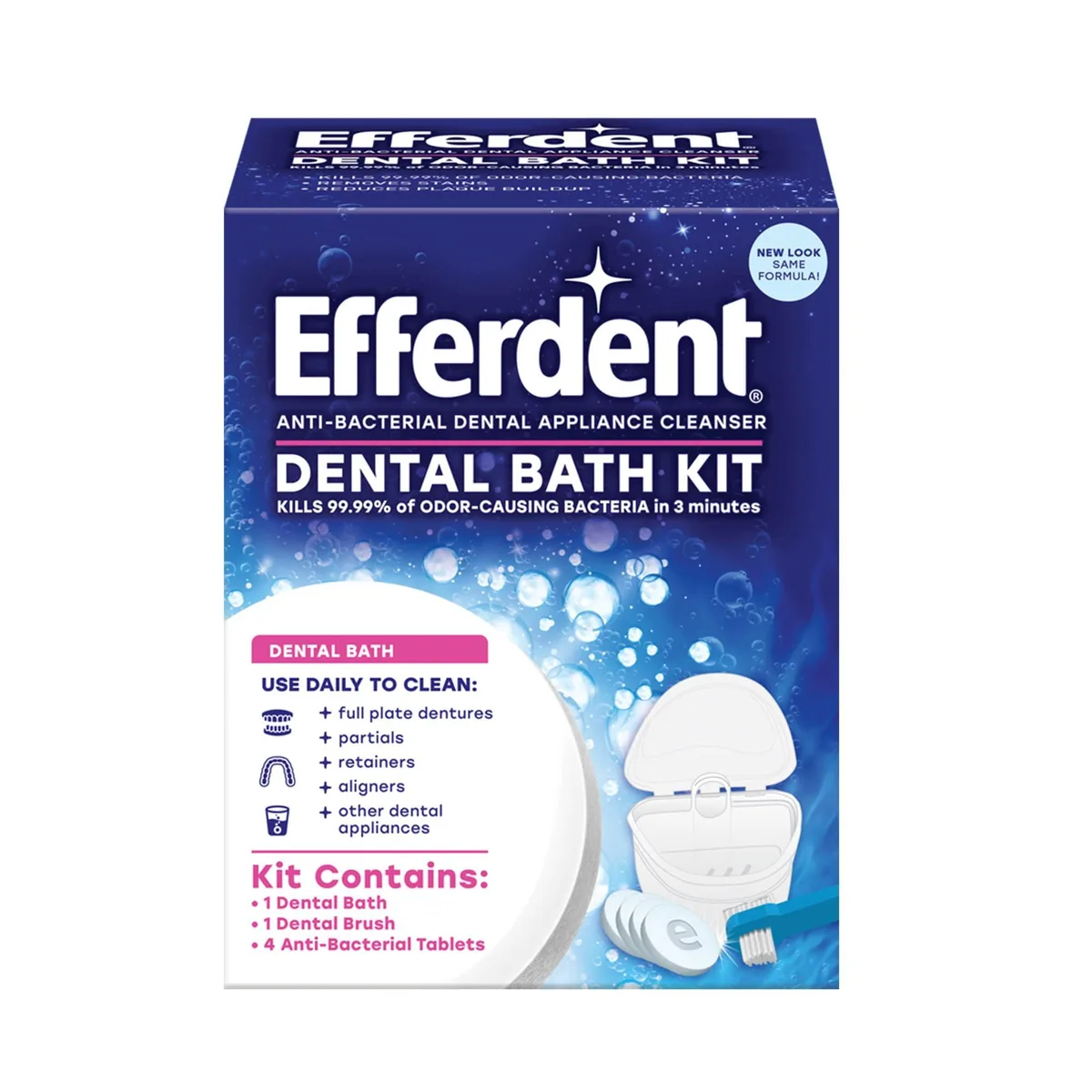 White boxed kit with dental bath cup, brush and four cleaning tablets