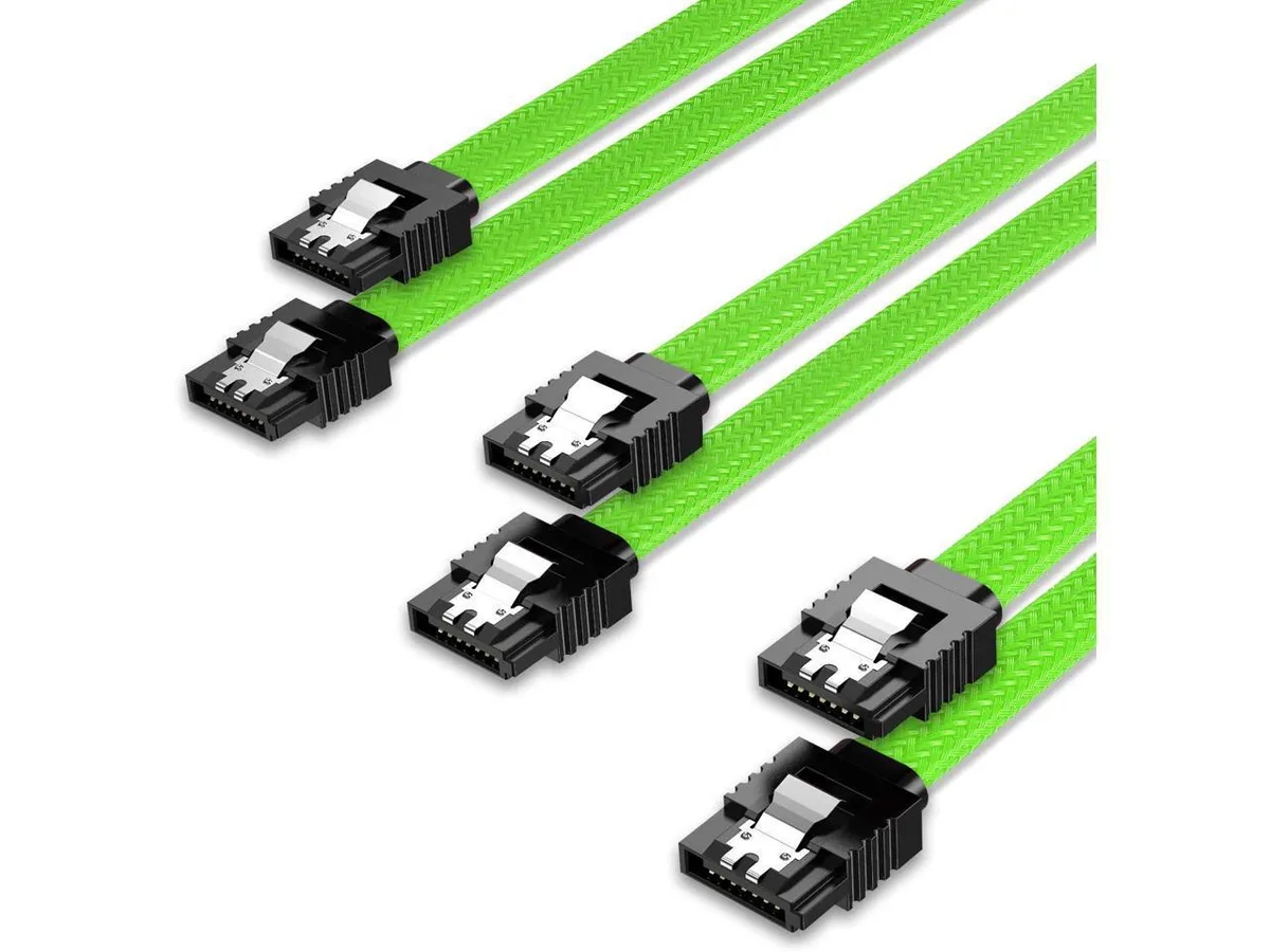 BUCIER BUCIER SATA Cable III 3-Pack 6Gbps Straight 180° Locking Latch 18 Inch Green — product photo