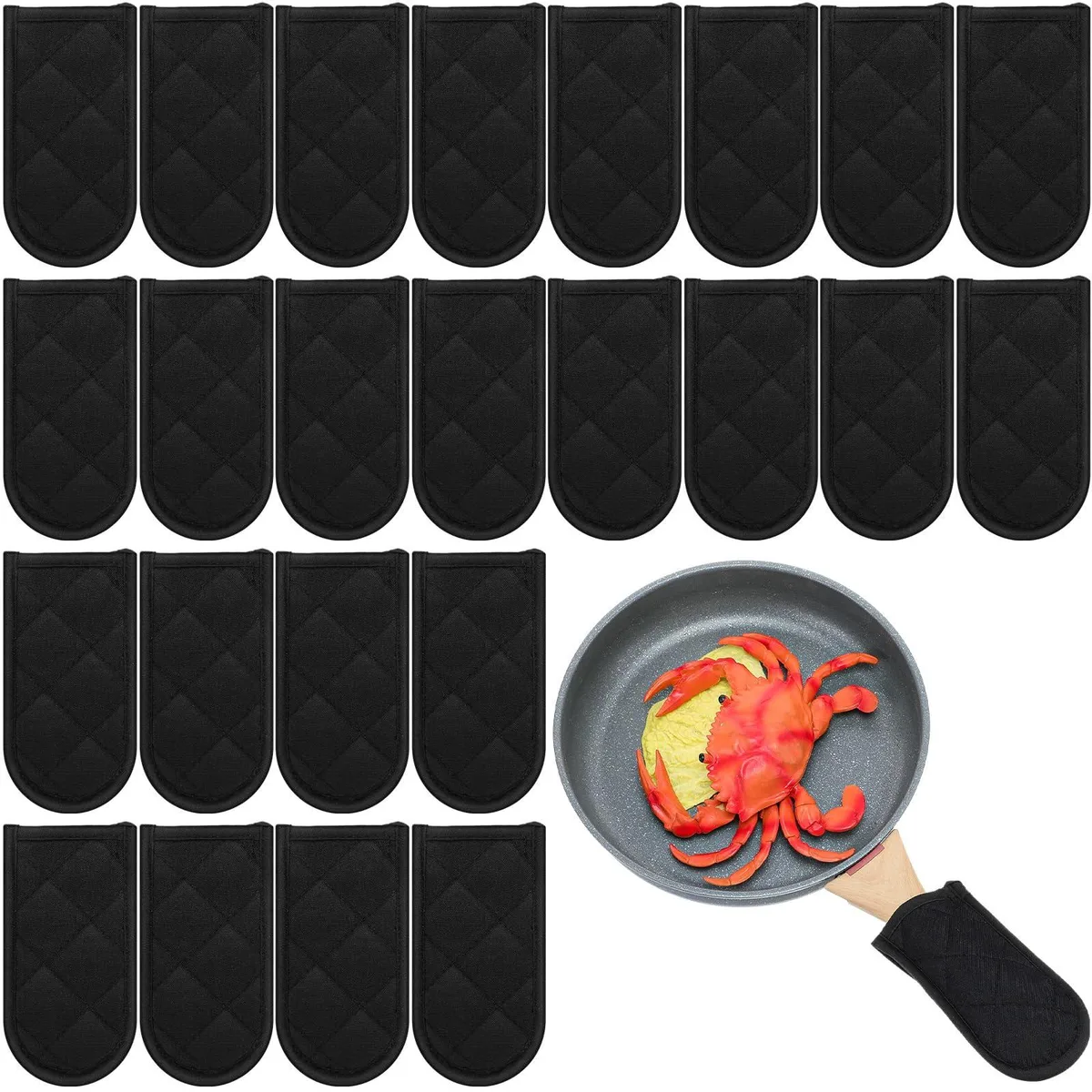 Twenty-four black cotton pan handle sleeves, each about 15.2 by 7.6 cm