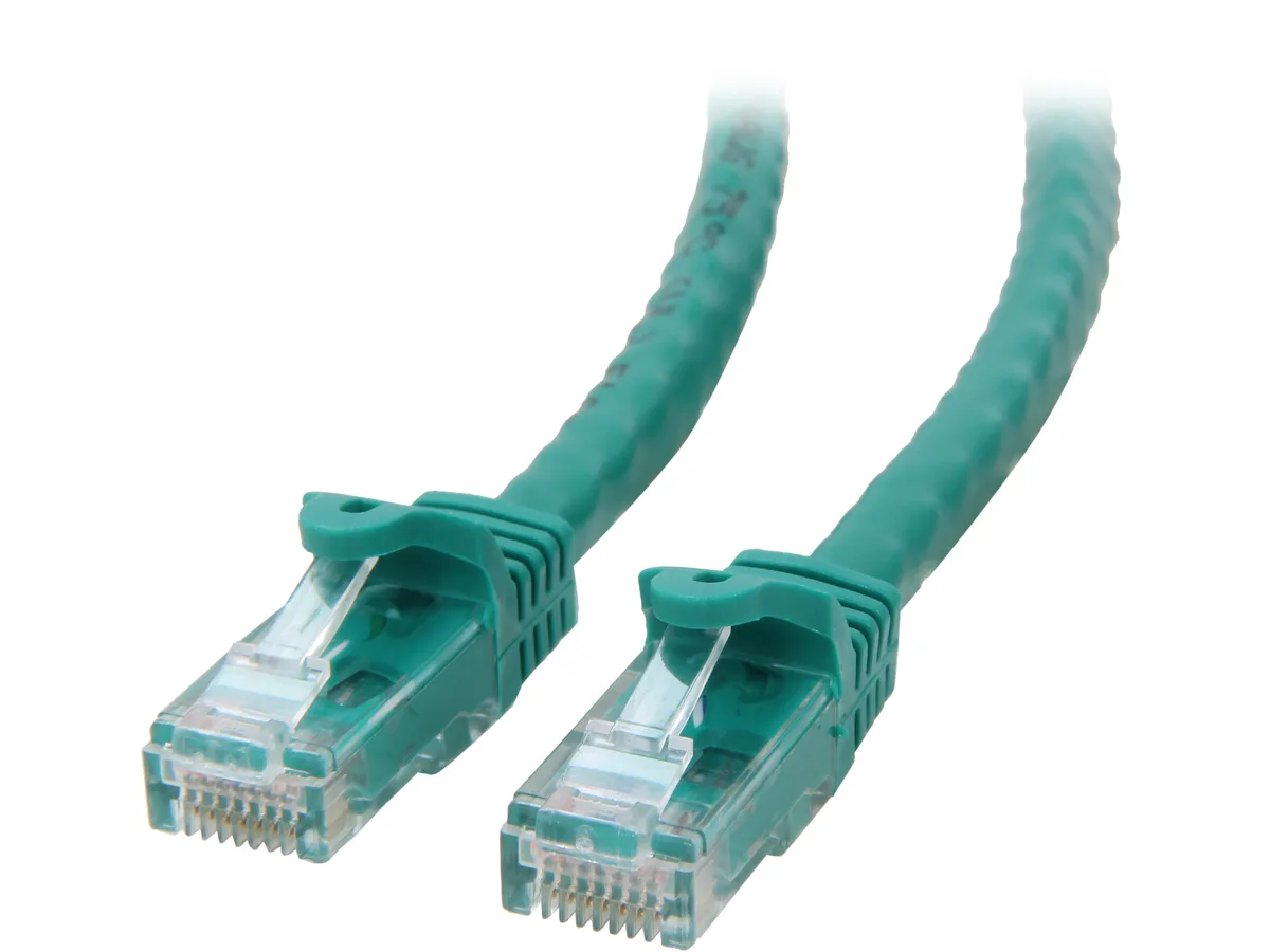 Green Cat6A snagless Ethernet cable with RJ45 plugs, three feet long