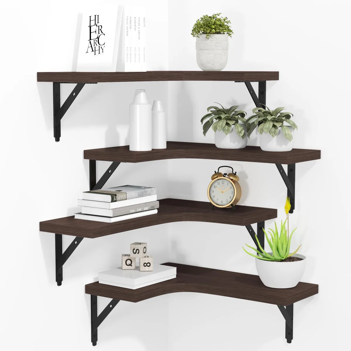 Set of four L-shaped rustic brown wooden corner shelves with glossy dark finish