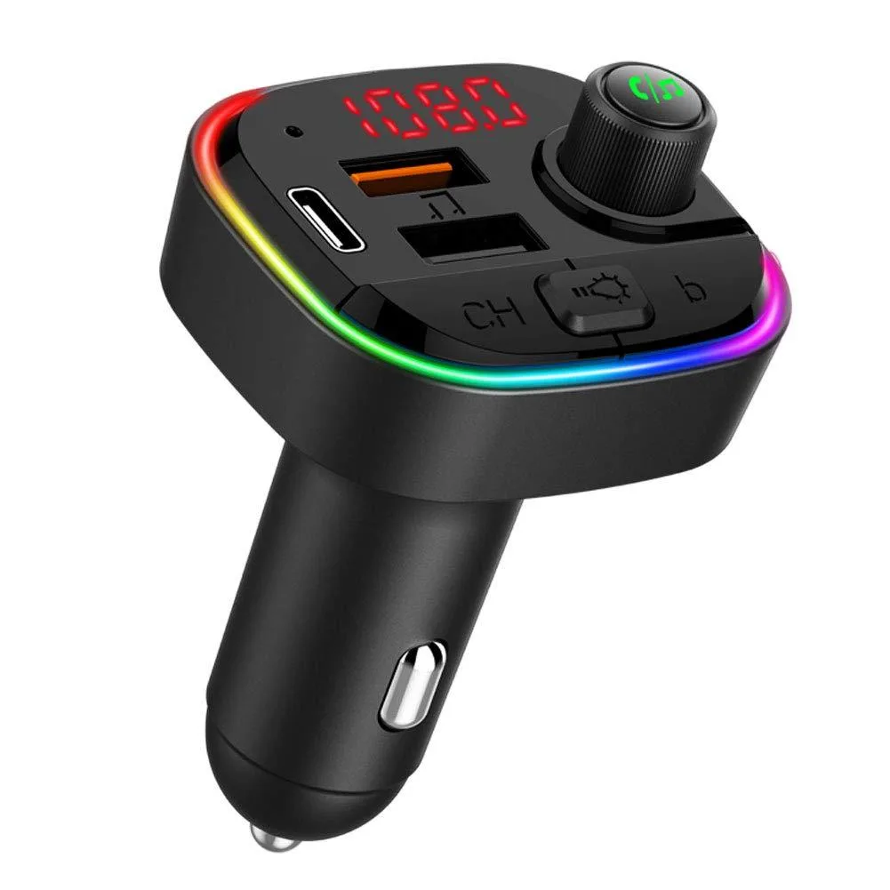 QC3.0 USB-C 18W 7 Colors Backlit Car Radio Bluetooth FM Transmitter — product photo