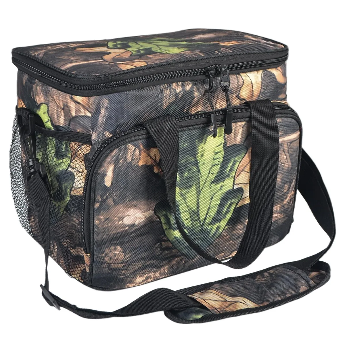 Black tactical insulated lunch bag 14L with mesh side pockets and adjustable shoulder strap