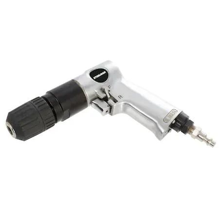 Silver pneumatic drill with keyed chuck, side exhaust, trigger throttle