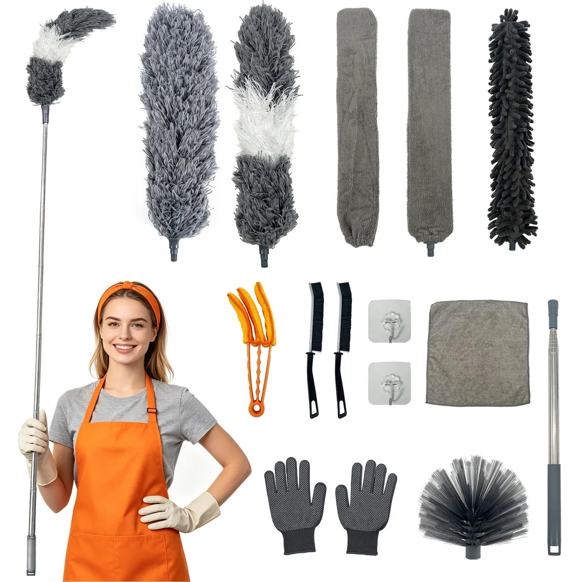 15-piece microfiber duster kit with extendable pole reaching 100 inches, multiple washable heads and accessories