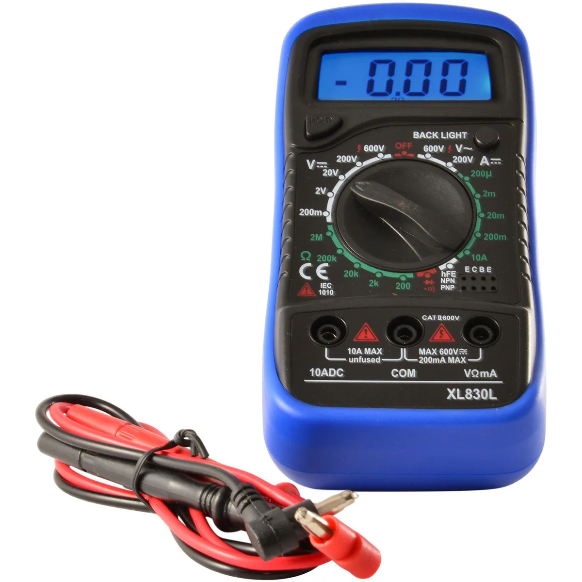 Yellow digital multimeter XL830L with LCD display, kickstand, probes and 9V battery