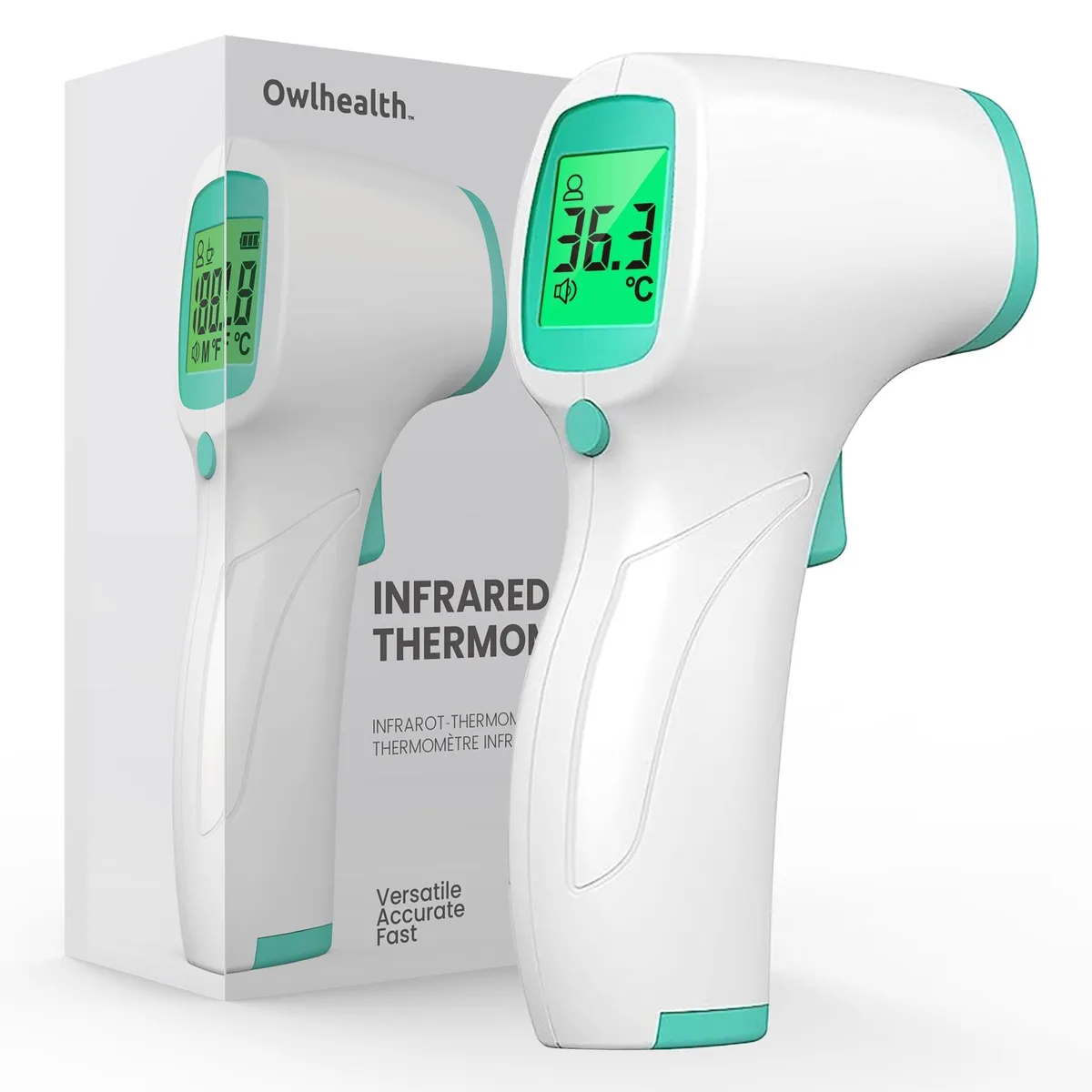 White handheld infrared thermometer with display and trigger button