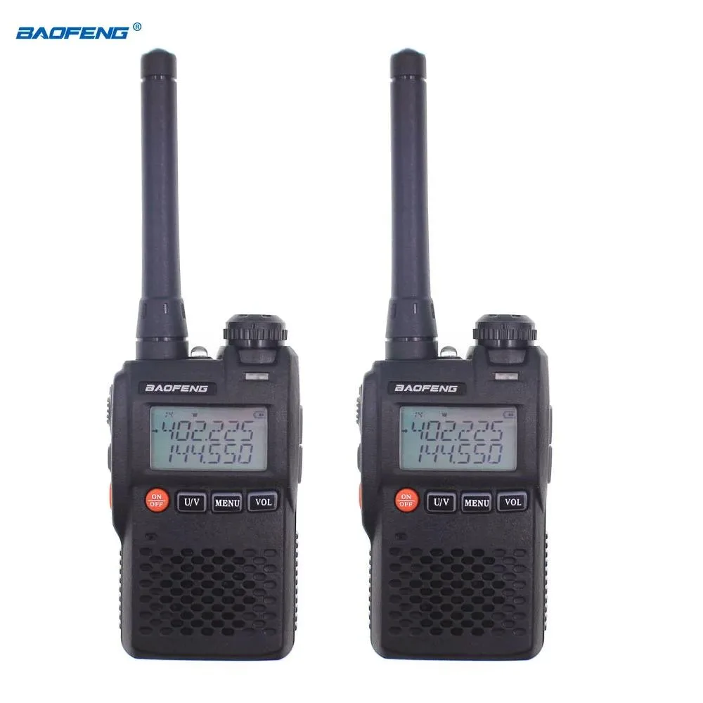 Compact yellow dual-band radio with LED flashlight, antenna, and keypad