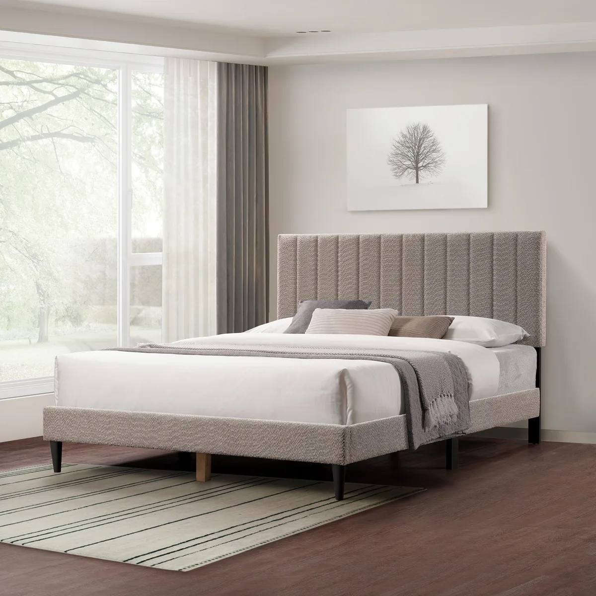Gray boucle queen platform bed with tufted channel headboard