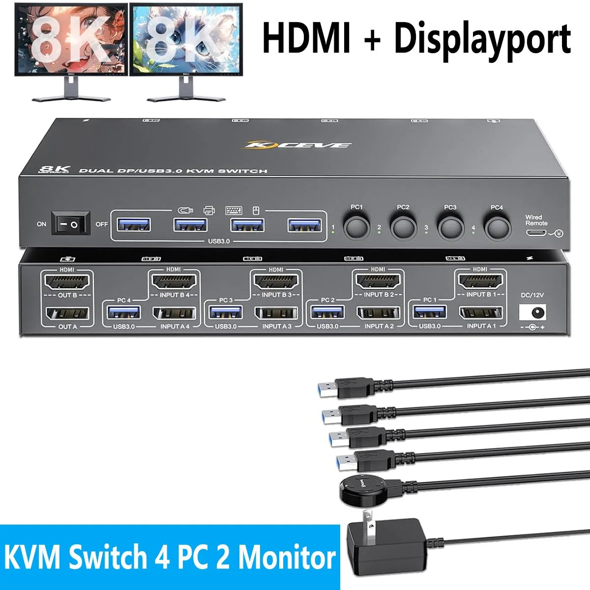 Hitoor Hitoor 4-Port Dual Monitor KVM Switch 8K@60Hz 4K@144Hz USB 3.0 Wired Remote — product photo