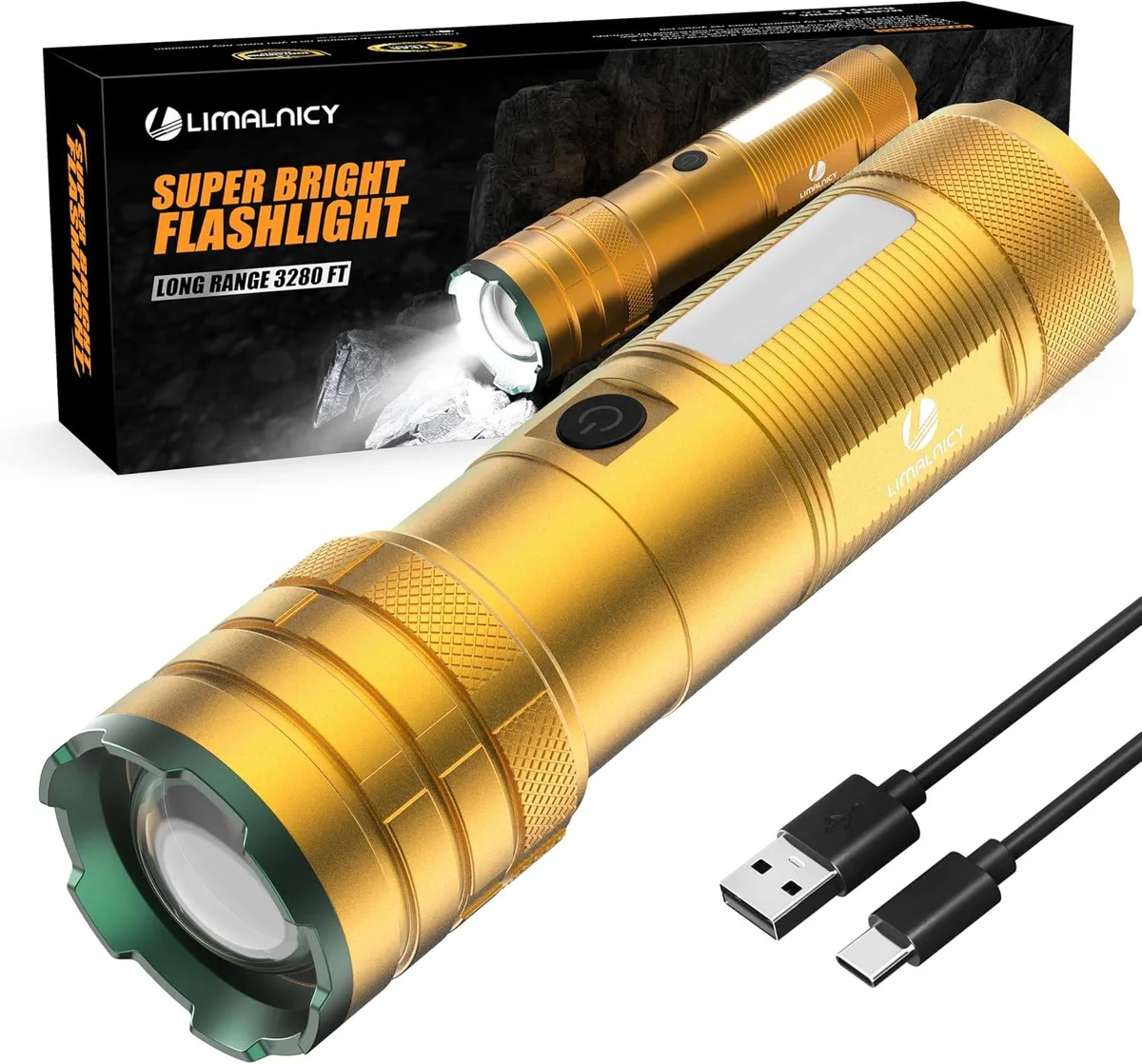 A black cylindrical flashlight with a side COB panel and USB-C ports