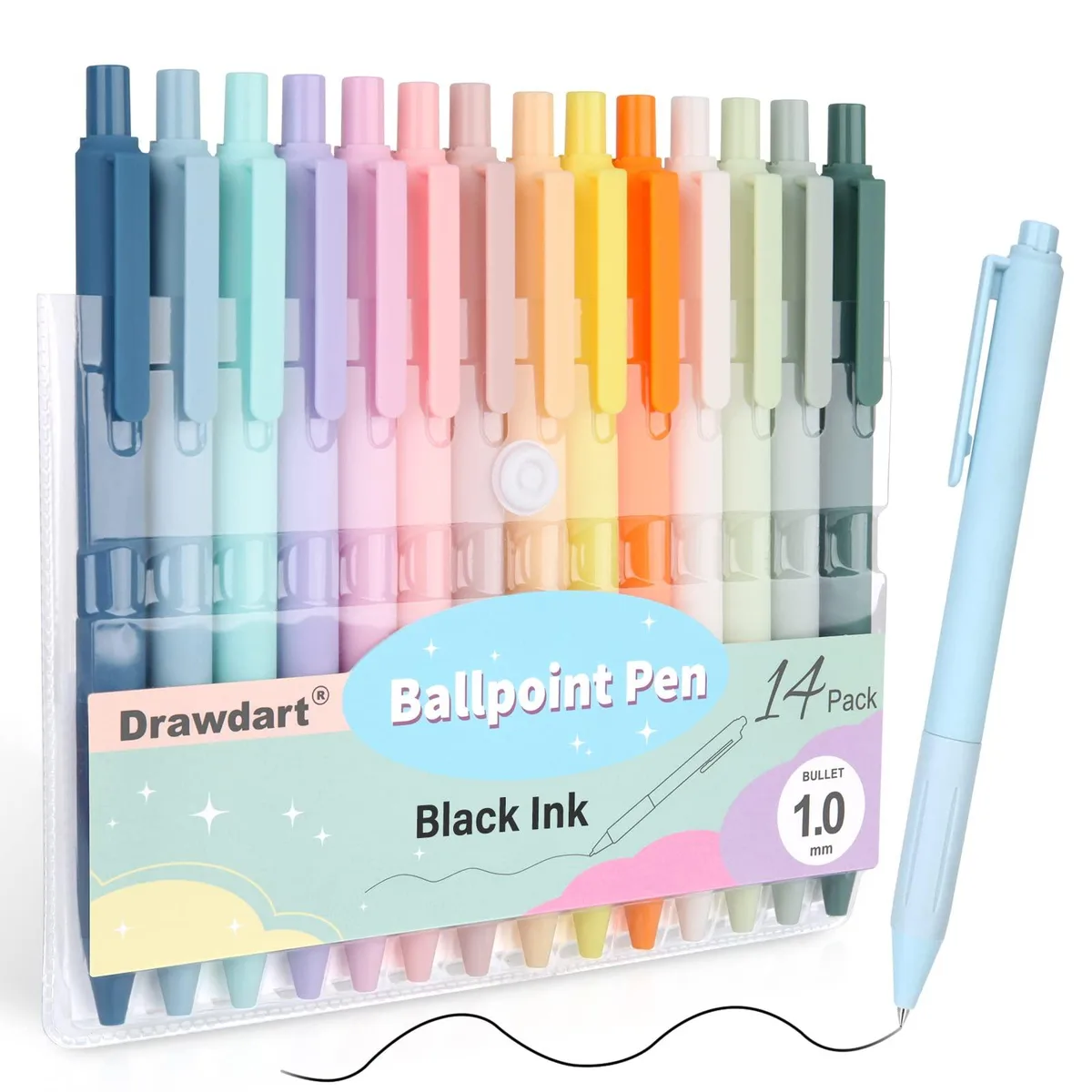  Drawdart Ballpoint Pens 14-Pack 1.0mm Black Ink Pastel Barrels — product photo