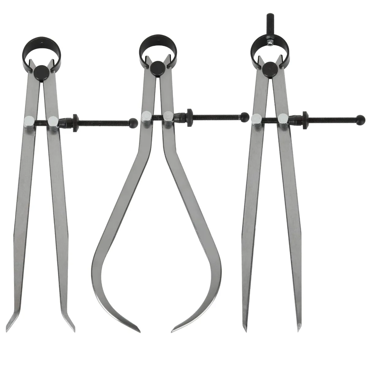 Three carbon-steel spring calipers, 8 inch, satin finish, with hardened points and adjustment nuts