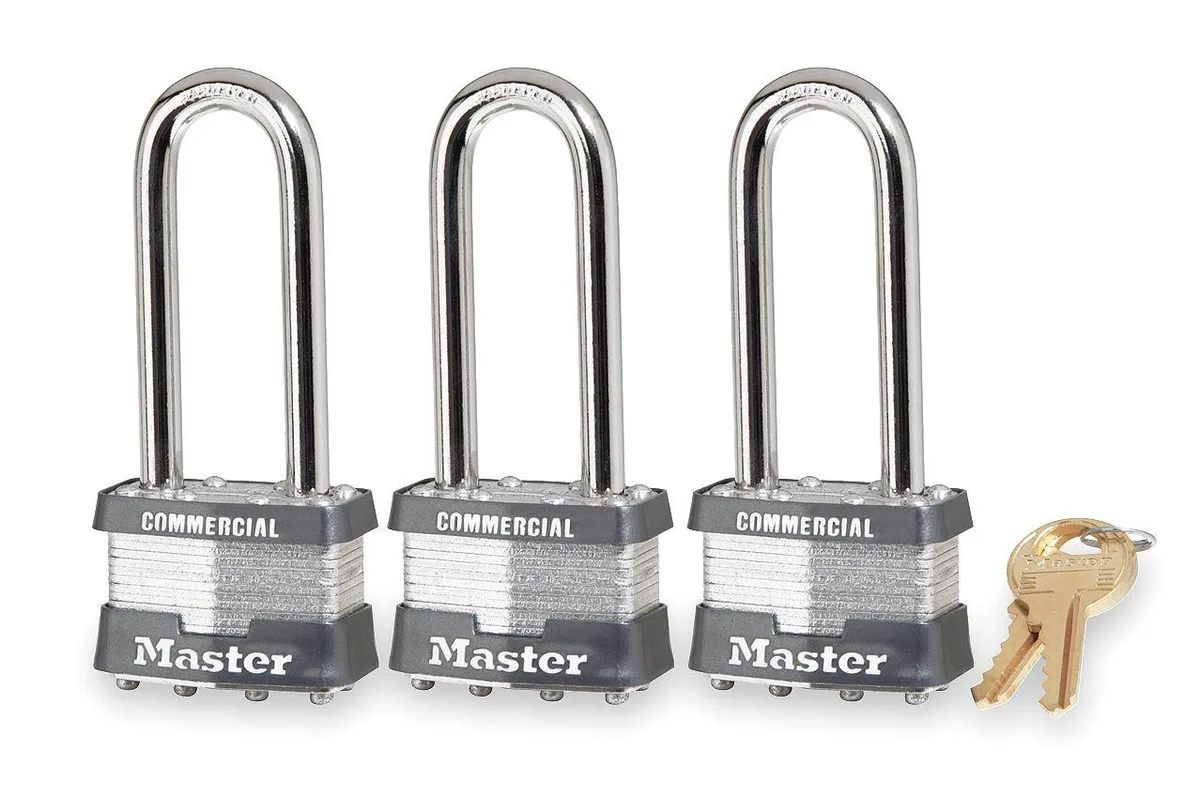 Three silver rectangular steel padlocks with long shackles side by side