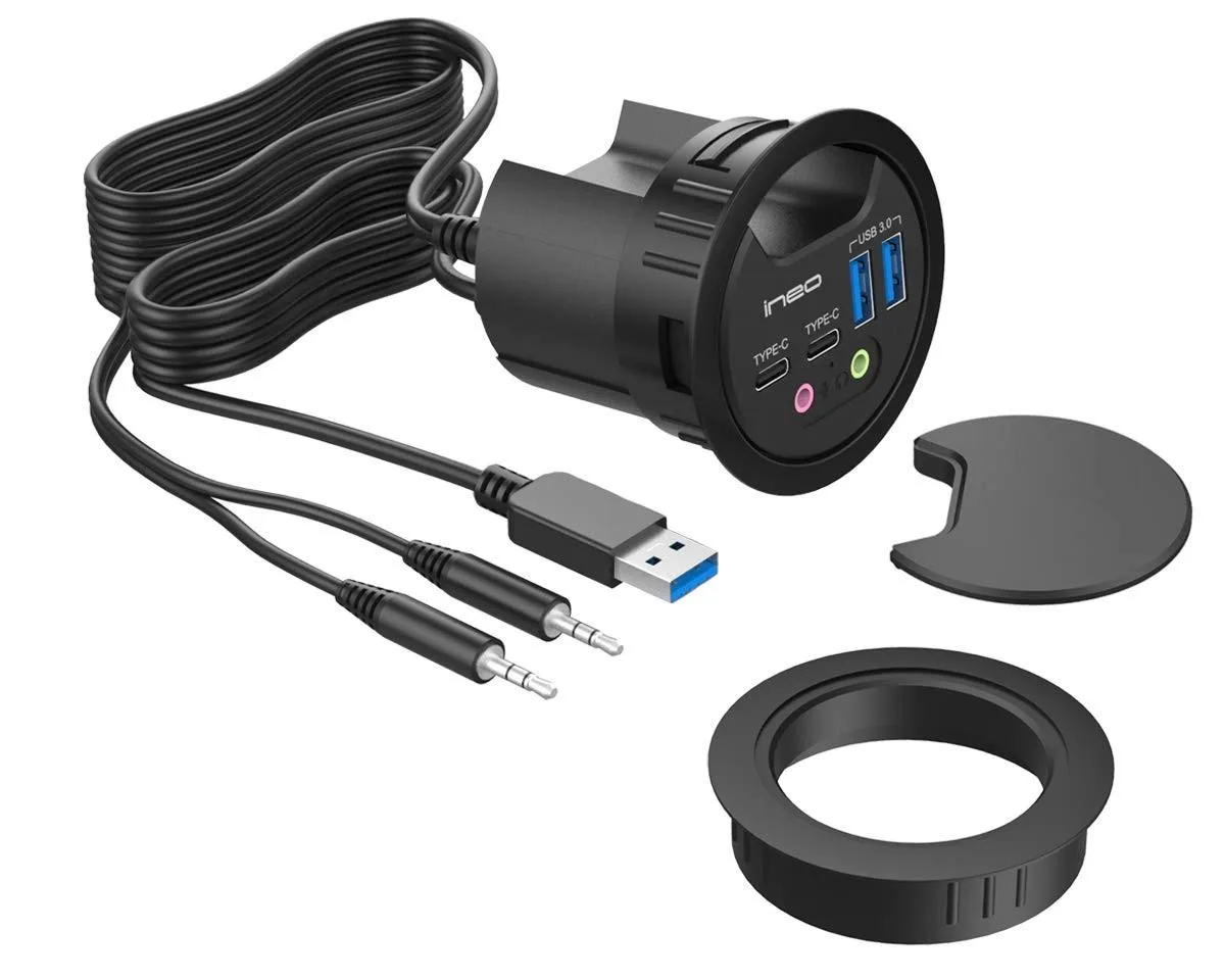 INEO INEO THC06-VI Plus 2-in-1 accessory grommet 2.3-2.4" 2×USB-A 2×USB-C 3.5mm audio 3.2" expandable — product photo