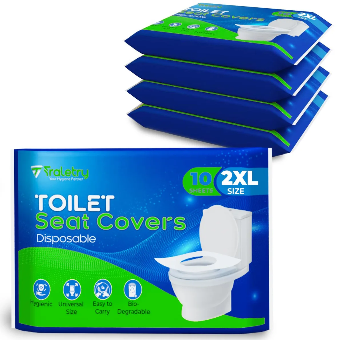 Pack of 50 flushable 2XL paper toilet seat covers in sealed zip-lock bags