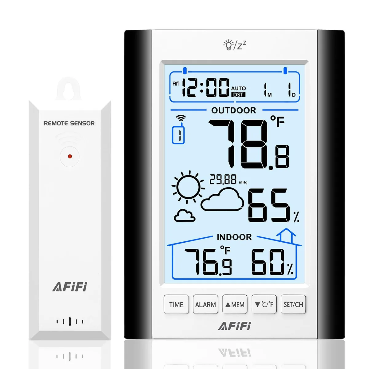 Black rectangular weather station with wireless sensor, backlit display showing temperature humidity and forecast icons
