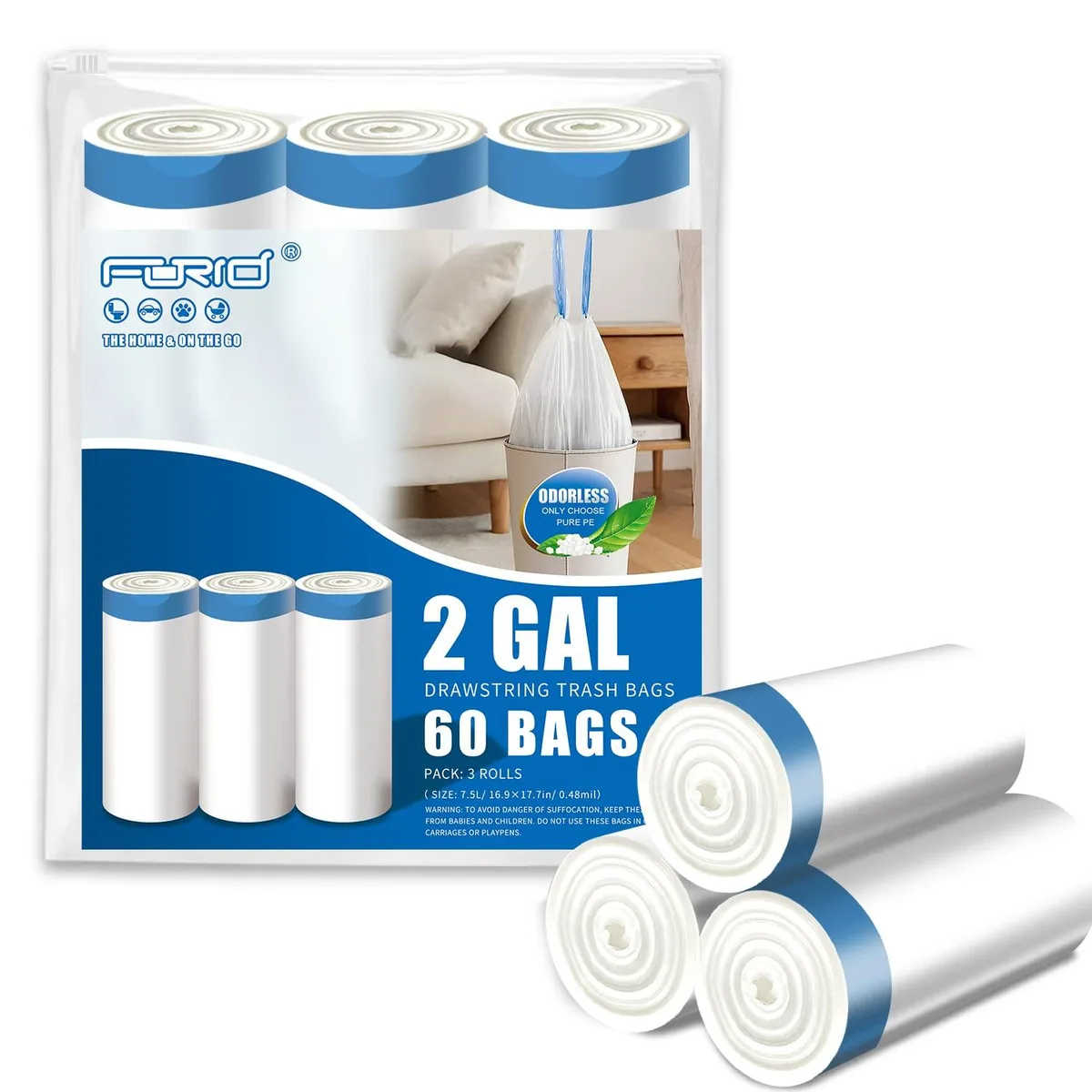 White drawstring trash bags on roll, 2 gallon capacity, 60 count pack