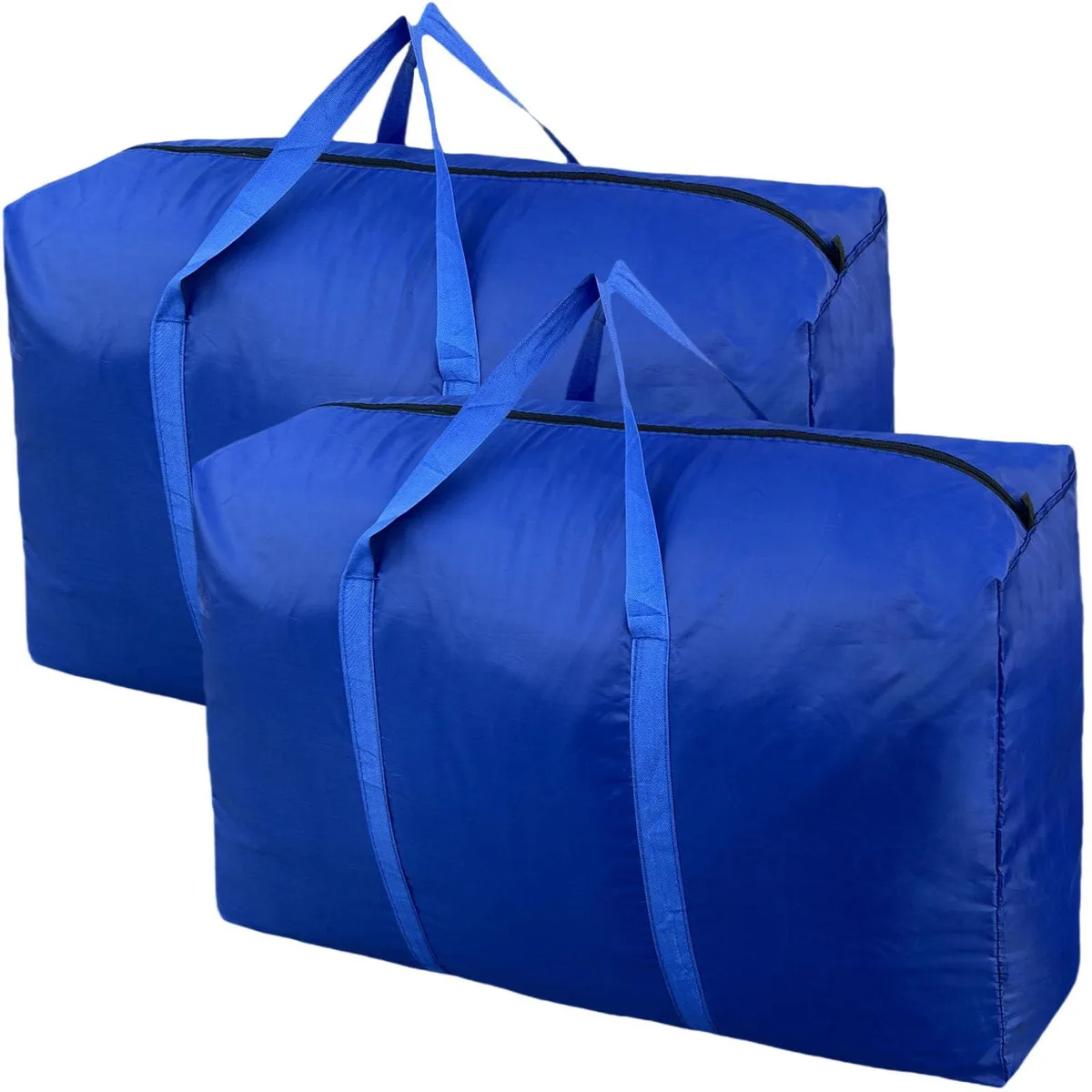 Two folded beige fabric storage bags with reinforced handles and metal zippers
