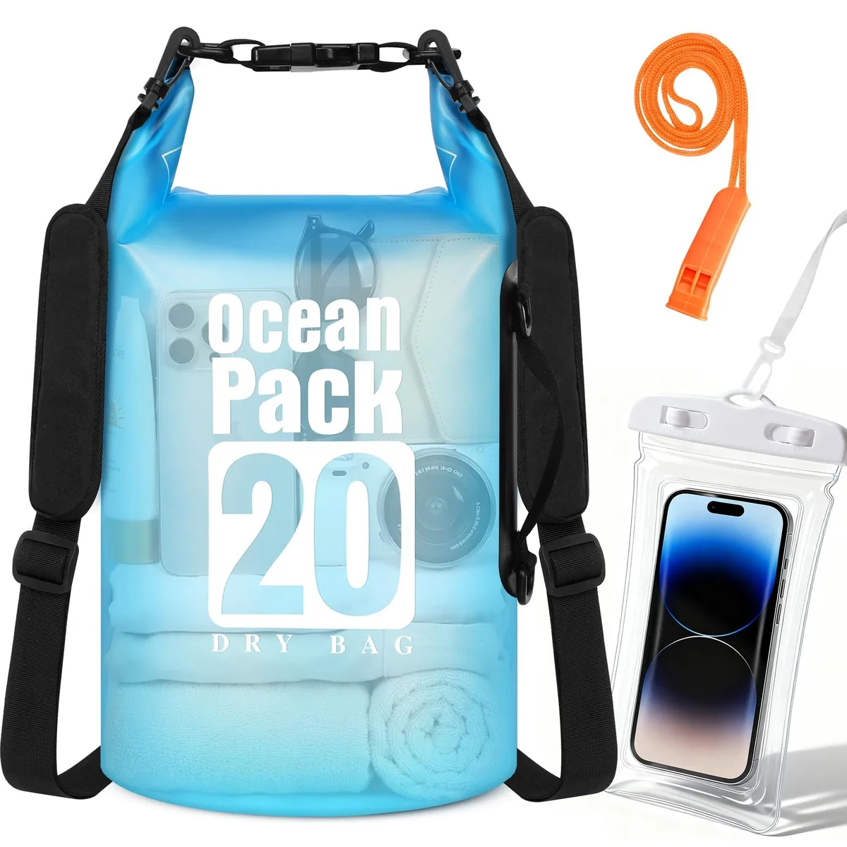 Orange PVC roll-top dry bag backpack with waist buckle and transparent phone pouch