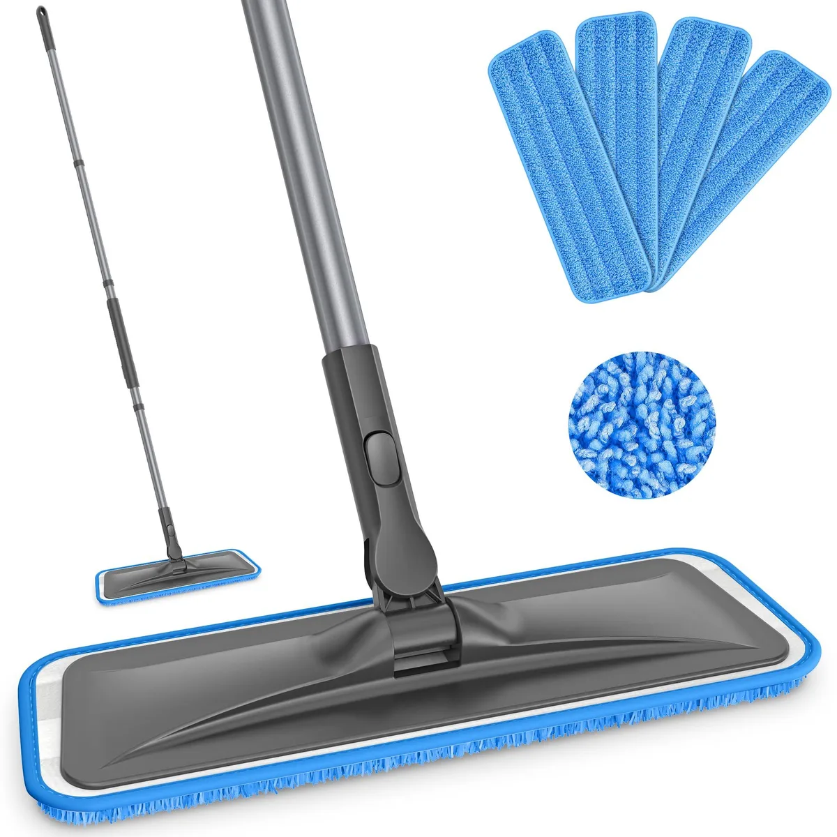 Flat microfiber mop with adjustable handle and four washable pads, white finish