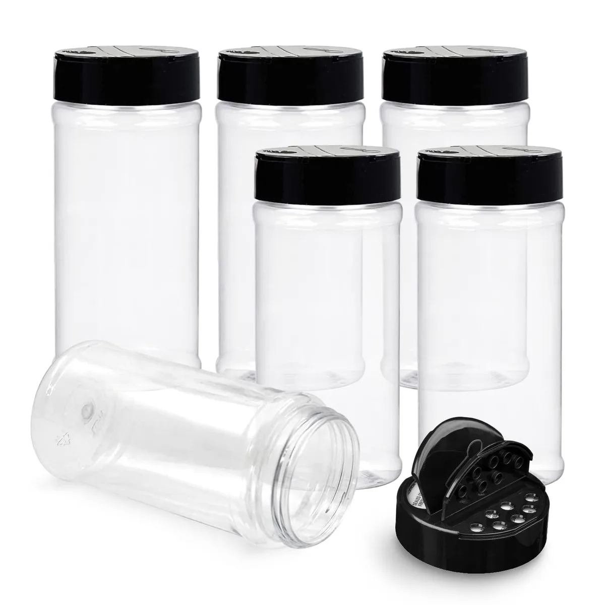 Six clear 16 oz plastic spice jars with black flip-top lids