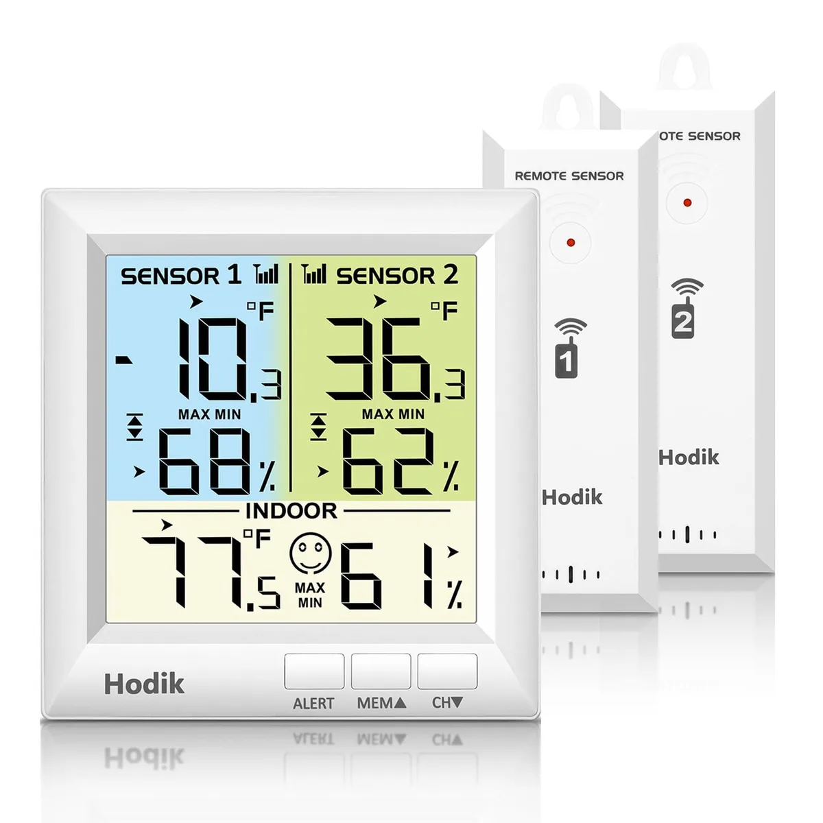 Wireless freezer thermometer main unit with two sensors, multicoloured finish