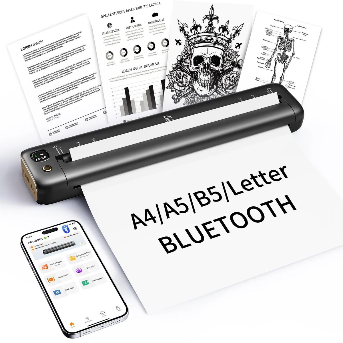 Compact white thermal printer with rounded edges, paper slot visible, small control panel on top