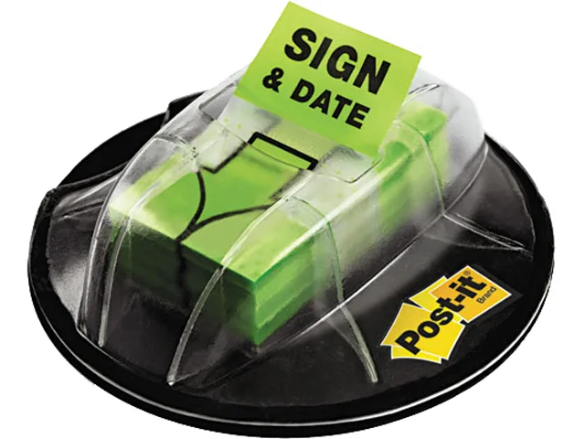 Bright green Sign & Date flags in a dispenser, 200 flags
