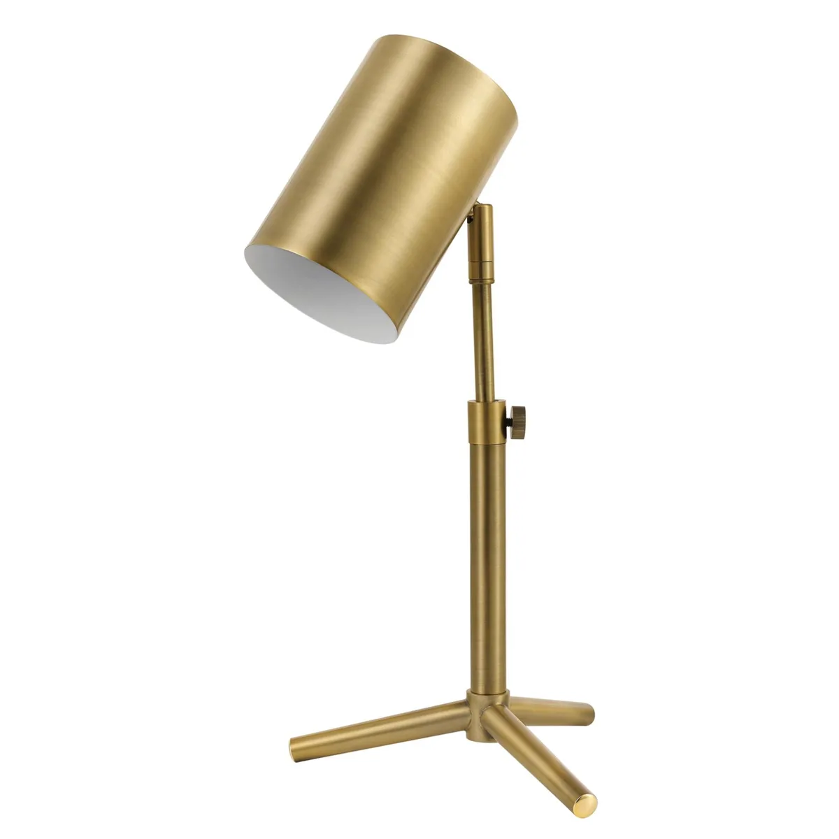 Matte brass cylindrical desk lamp with adjustable arm, 18 inch height