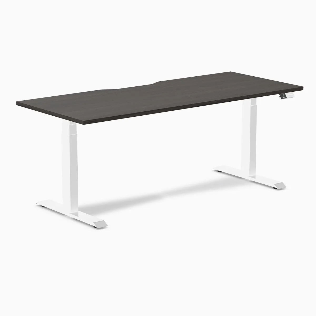 Desky Desky Dual Scalloped Laminate Sit Stand Desk Burnished Wood White 70.9 x 29.5 in — product photo