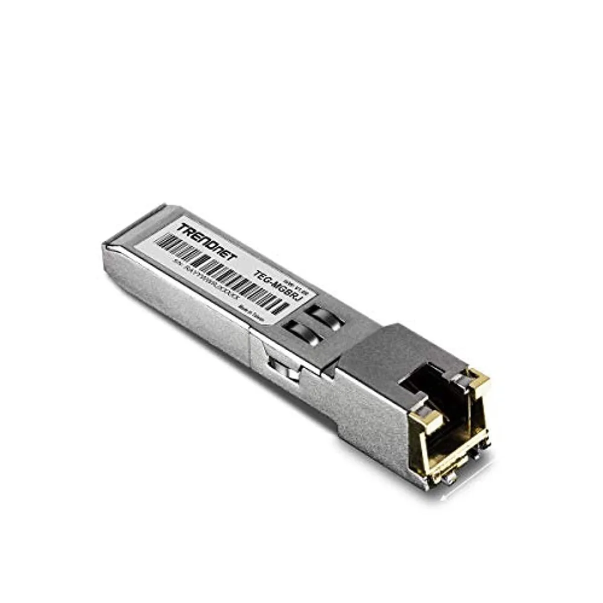 Rectangular silver SFP module with RJ-45 port and side label